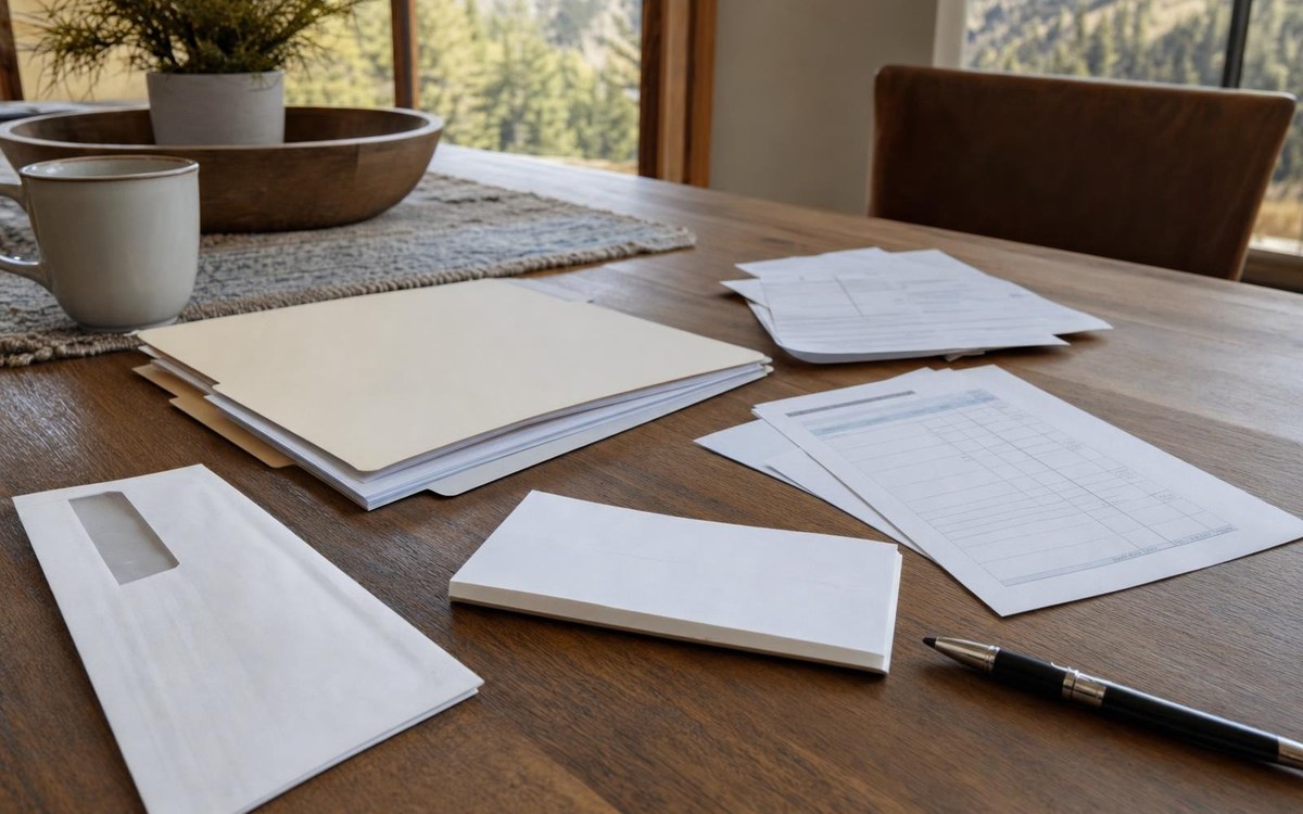 Organized solar contract records, a mailing receipt, and a utility bill on an Idaho homeowner’s table; printed details are not readable.