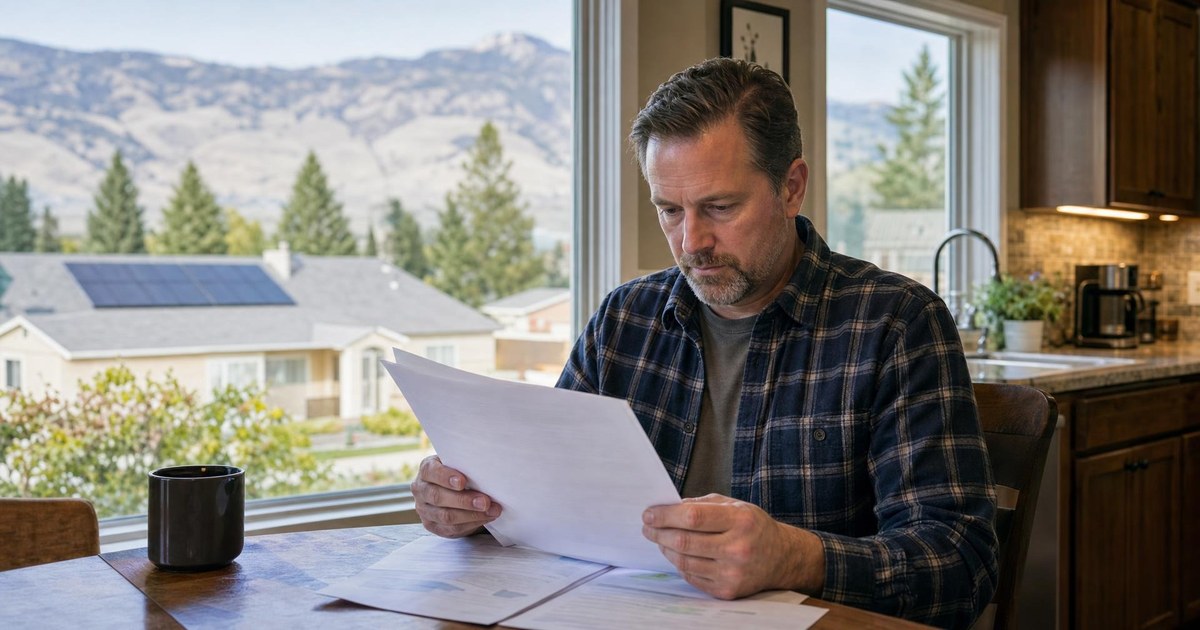 Idaho homeowner reviewing solar agreement paperwork at a sunlit kitchen table, with a residential rooftop visible through the window.